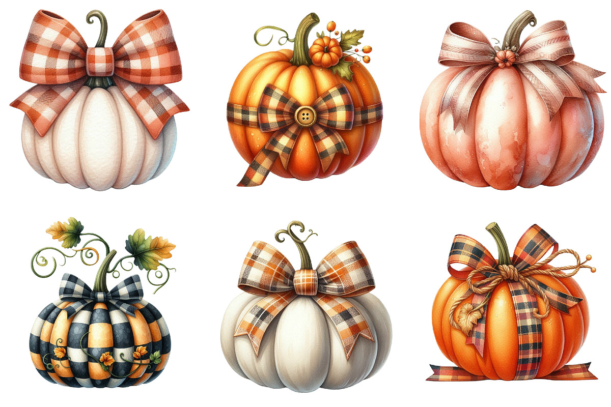 Watercolor Fall Bow Pumpkins Clipart, an Illustration by Libby Wishes (Photo 2 of 7)