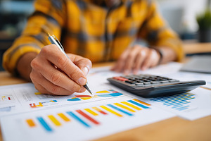 Hands engaged in calculations with a calculator while analyzing financial data, a Photo by AlyaAnd