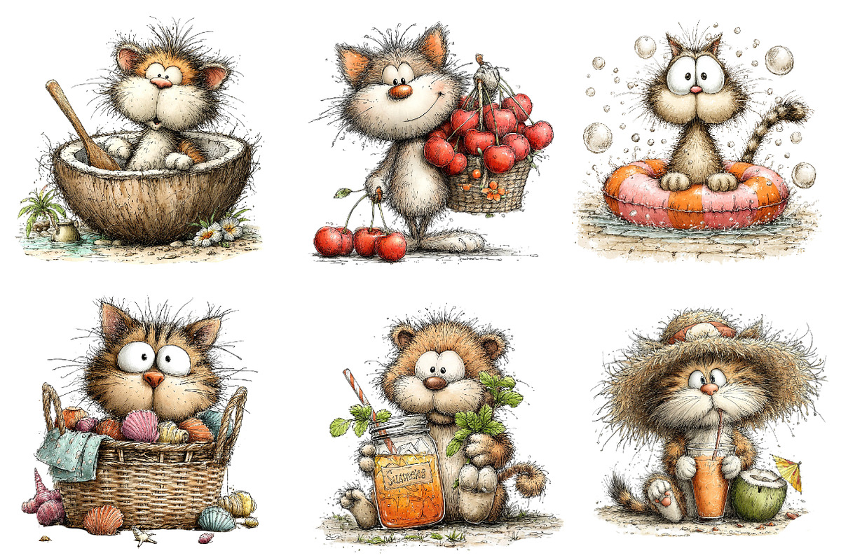 Whimsical Summer Cat Clipart, an Illustration by Dream Creation (Photo 3 of 6)