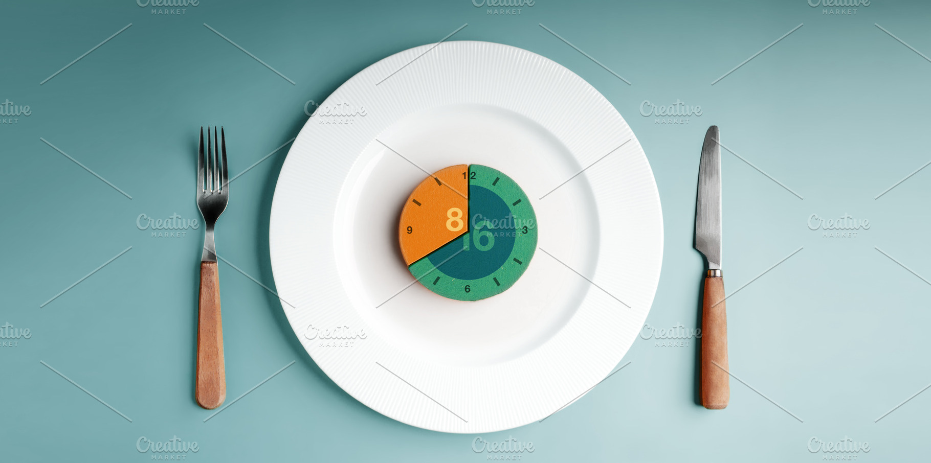 Clock rests on an empty plate between a fork and knife, 16-8 int, a Photo by salmon.black