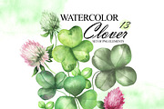 Watercolor clovers clipart, an Illustration by OlDm_Shop (Thumbnail 1 of 6)