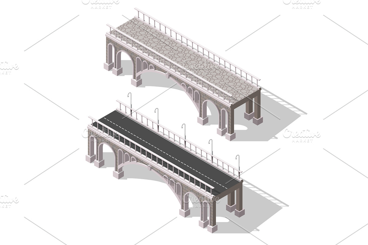 Isometric old bridge set, an Object Illustration by piter.goskov