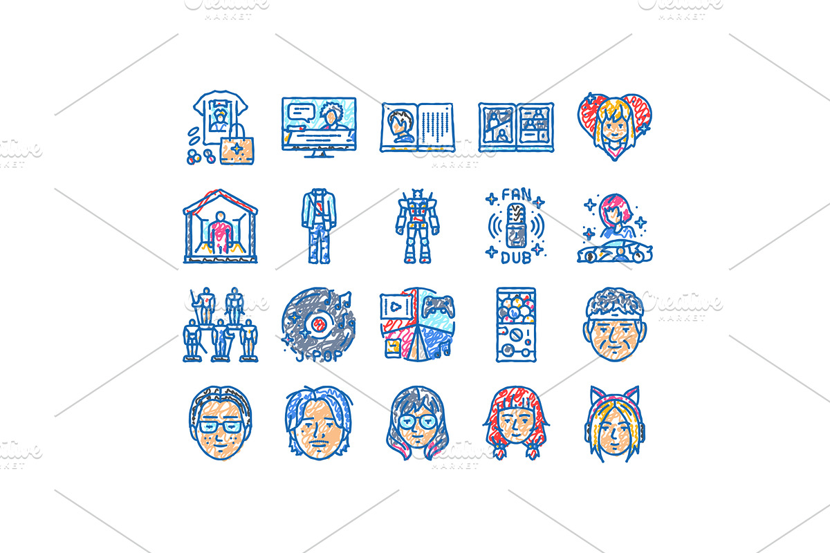otaku anime manga eyes icons hand, an Object Illustration by pikepicture