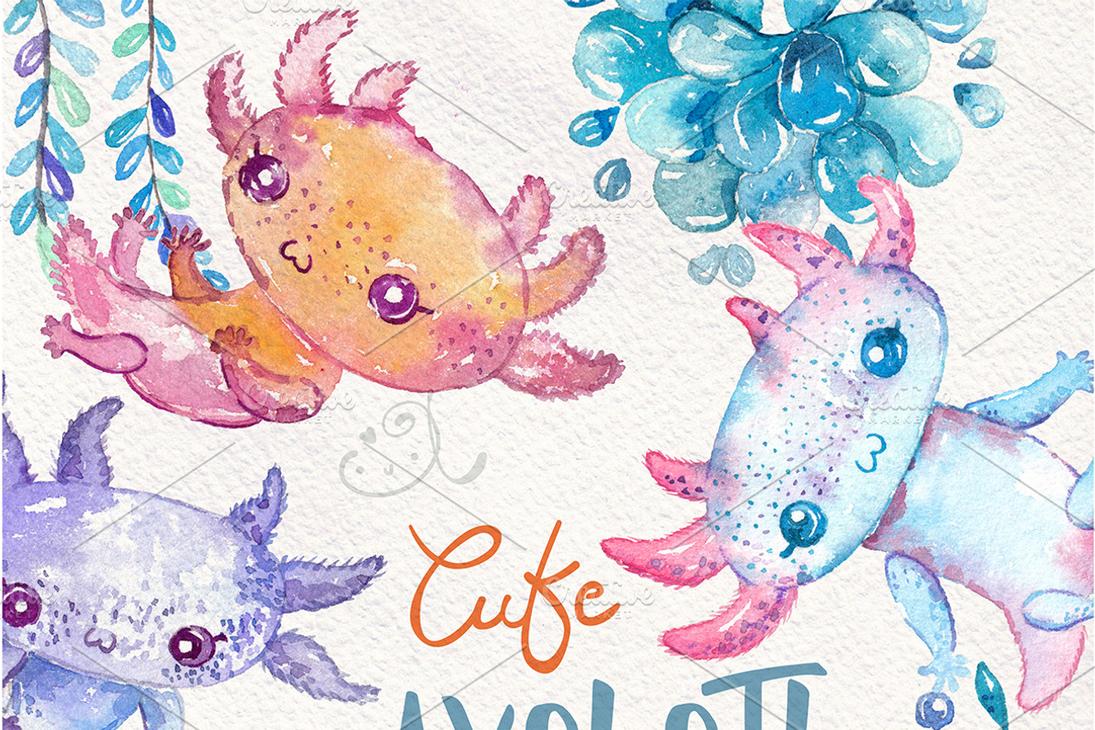 Axolotl cute and funny. Watercolor, an Illustration by JaneLane (Photo 2 of 4)
