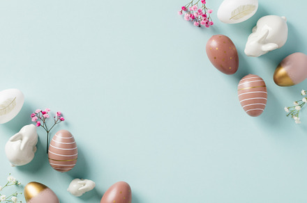 Happy Easter banner design. Stylish Easter eggs, decorative bunnies, minimal fl