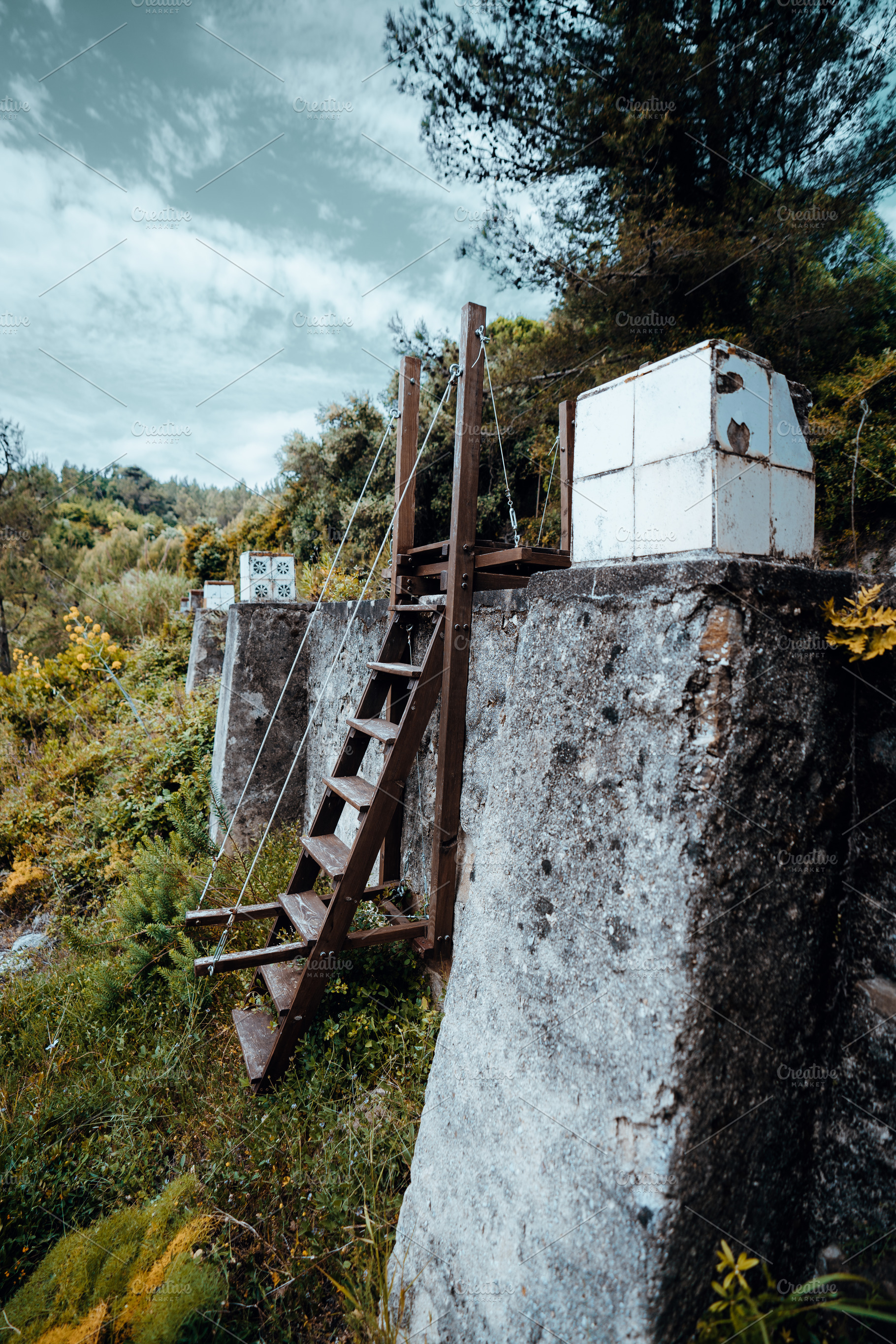 Modern ladder on old pool exterior, an Architecture Photo by SkyNext