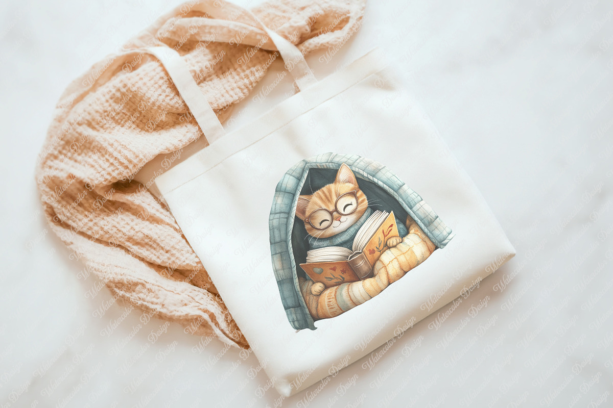 Cute Cat with Book Sublimation png, an Illustration by Watercolor design (Photo 4 of 11)