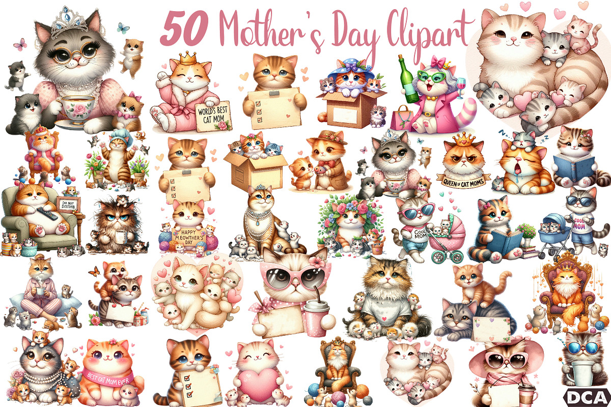 Funny Cat Mother's Day Clipart, an Animal Illustration by DreamCafeArt (Photo 1 of 6)