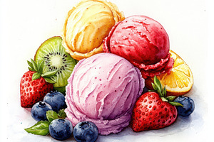 Fresh fruit with scoops of colorful, a Food & Drink Photo by Pixeness Studio