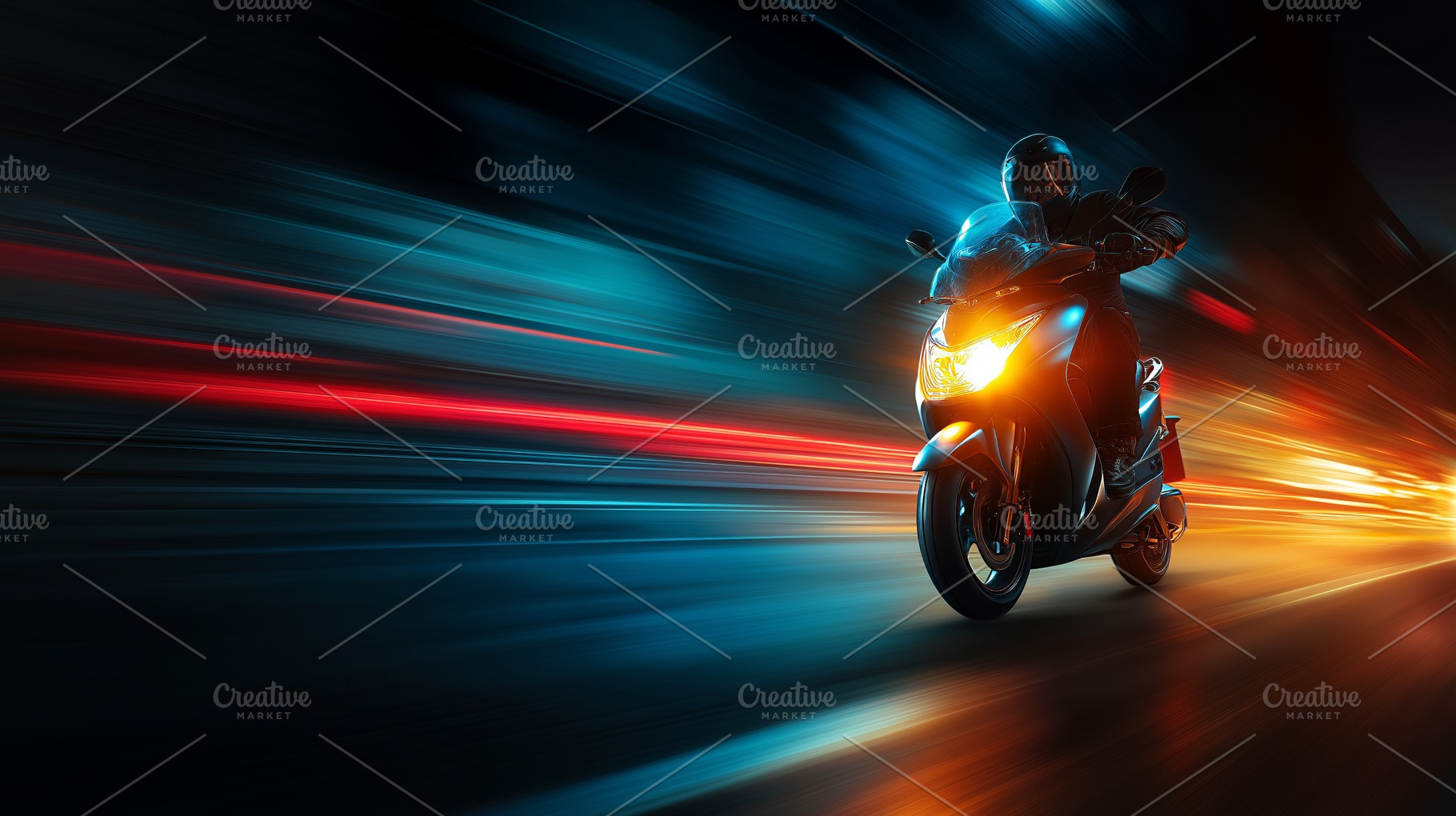 Dynamic Night Ride: Motorcyclist on Speeding Scooter with Blur Lighting Effects, a Transportation Photo by Ocean Digital Art
