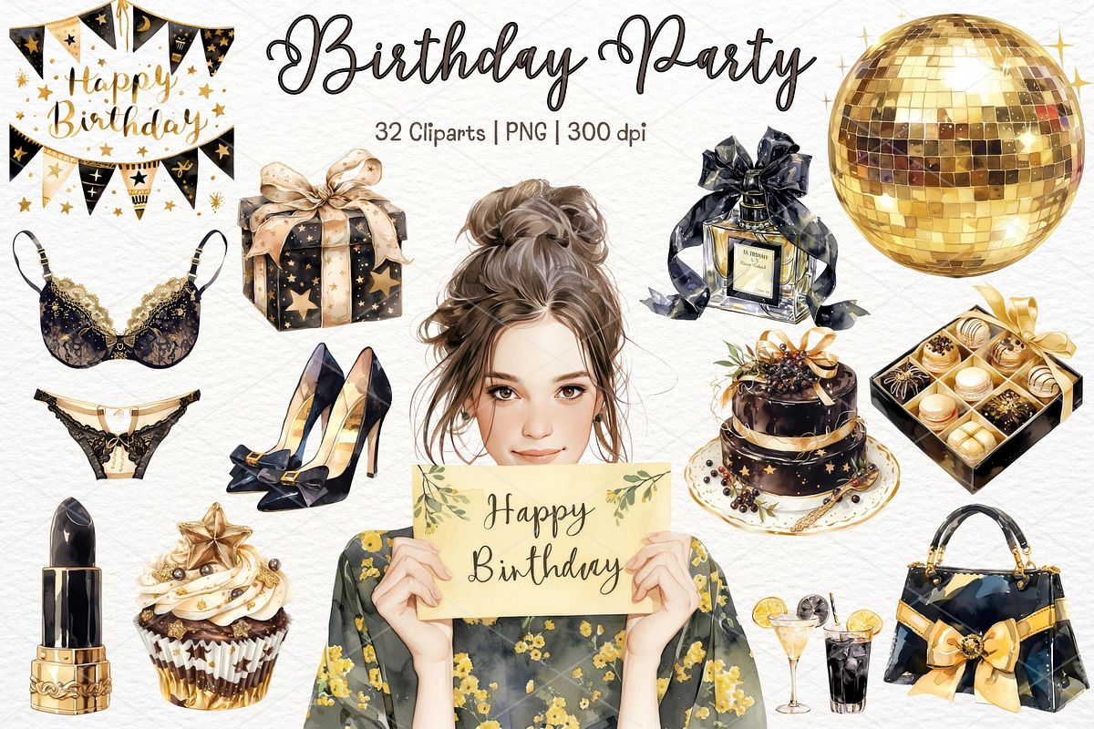 Birthday Party Watercolor Clipart, an Illustration by Maysa Art (Photo 1 of 5)