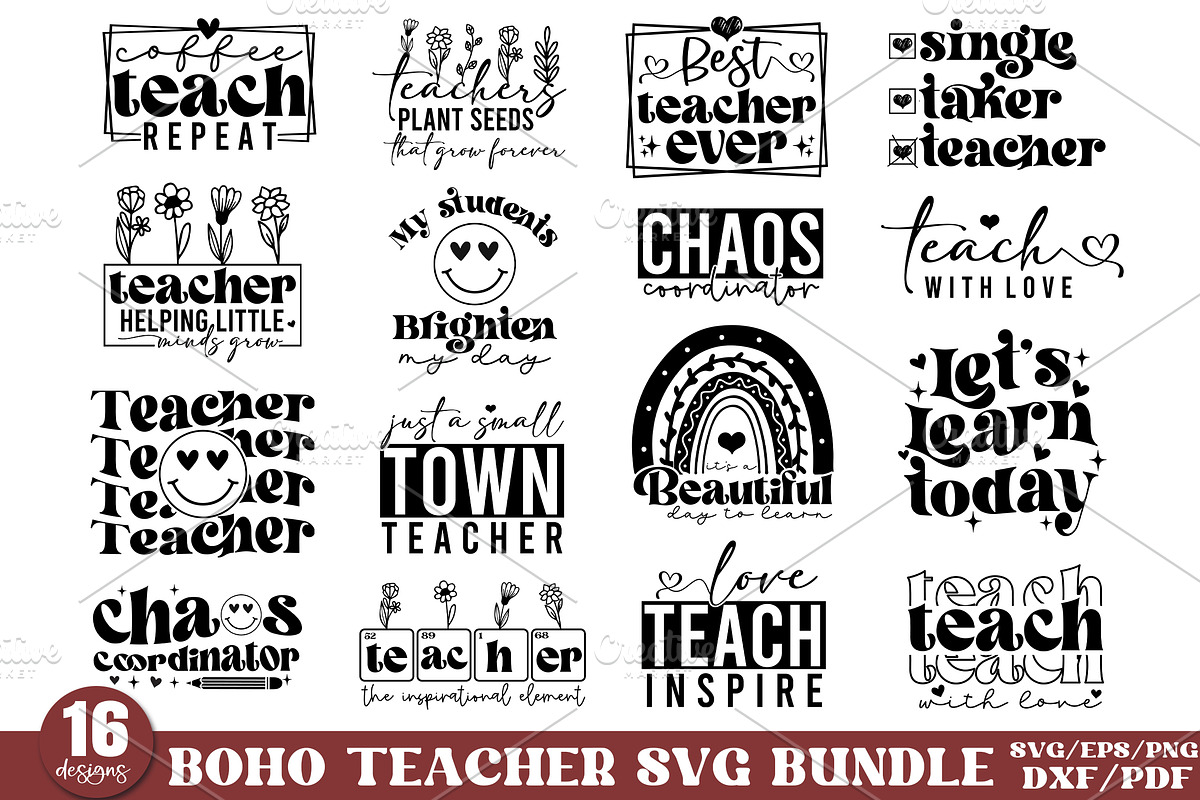 Boho Teacher SVG Bundle, Teacher SVG, a Graphic by Designer302 (Photo 1 of 17)