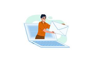 Smiling man emerging from laptop, a Technology Illustration by pikepicture