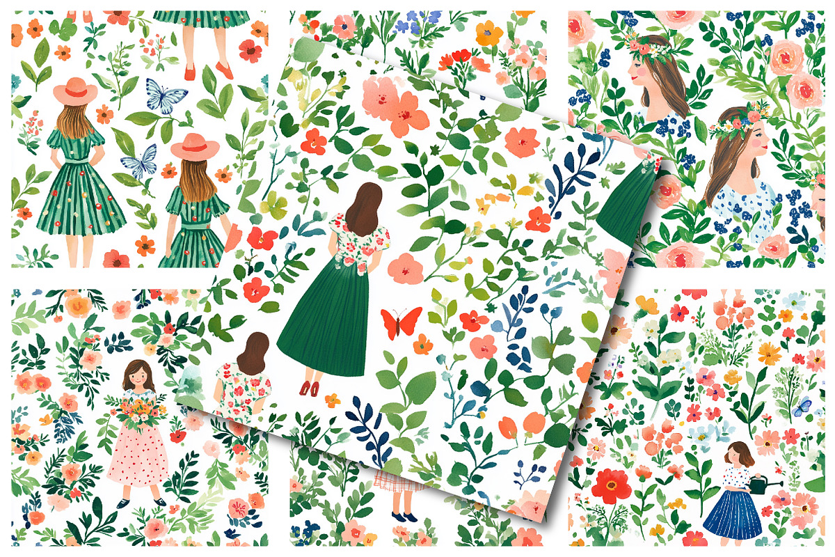 Garden spring girls seamless pattern, an Illustration by SinaCreation (Photo 3 of 6)