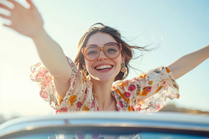 Cheerful young woman in vintage, a Photo by Pavel_design