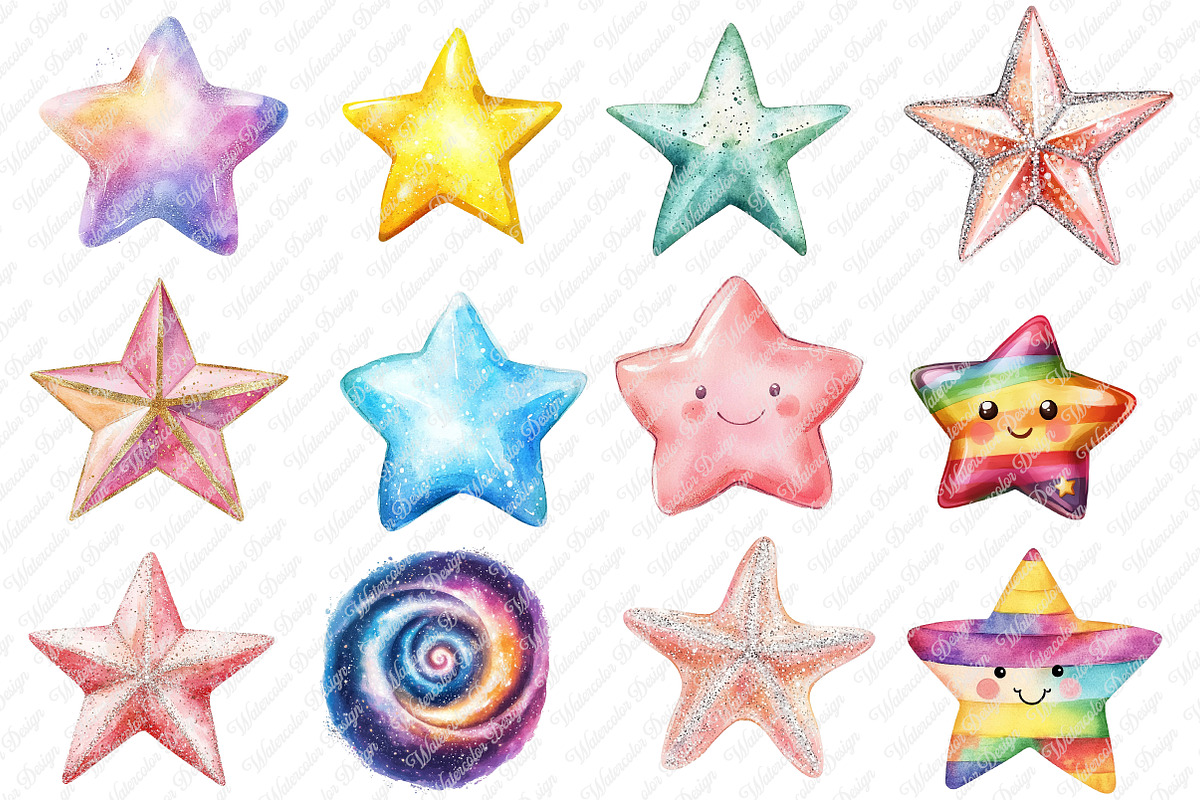 Cute Colorful Watercolor Stars png, an Illustration by Watercolor design (Photo 2 of 12)