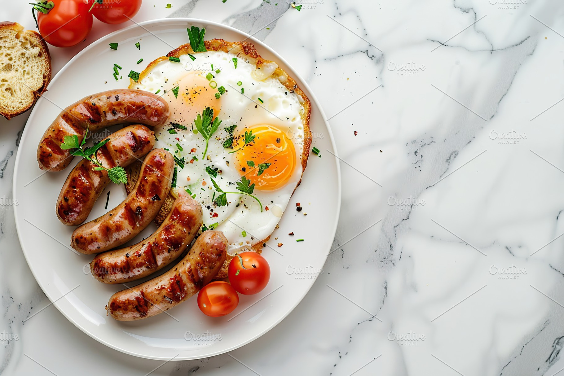 Tasty english breakfast with sausages, eggs, vegetables on the table, a Food & Drink Photo by AlyaAnd