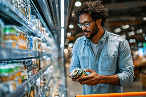 Man shopping for canned goods grocer, a Photo by Pixeness Studio