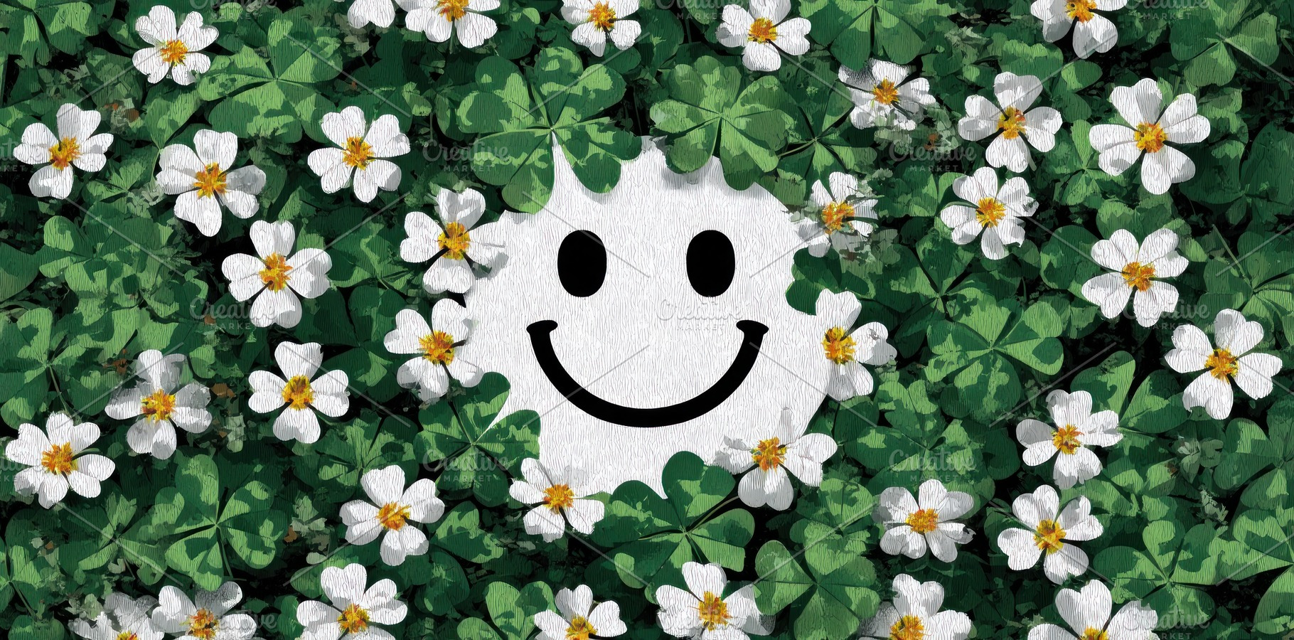 Smiley face hidden in clover leaves and white flowers symbolizin, an Abstract Photo by José Manuel Gelpi