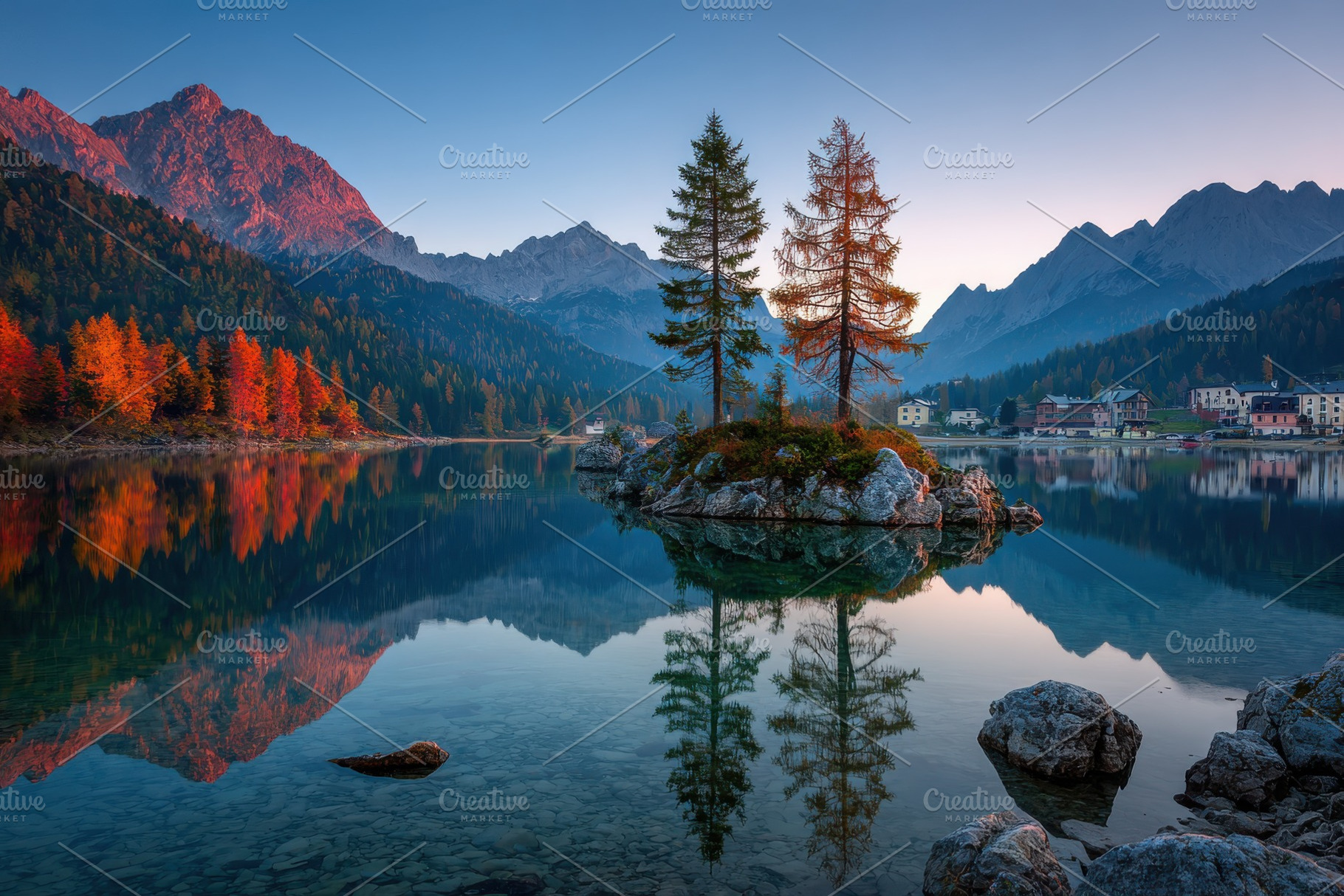 Majestic mountain lake autumn reflec, a Photo by Pixeness Studio