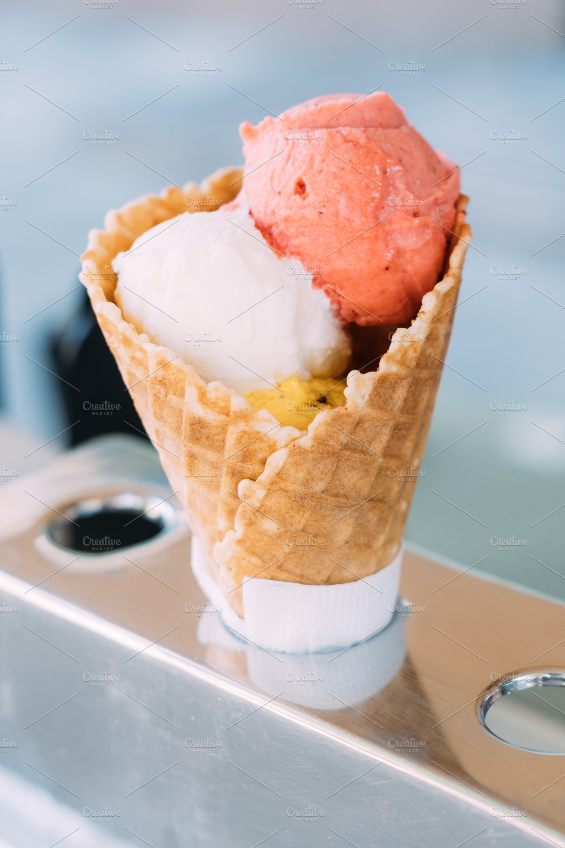 Ice cream cone sweet treat crispy waffle gelato, a Food & Drink Photo by Photo Drive Studio