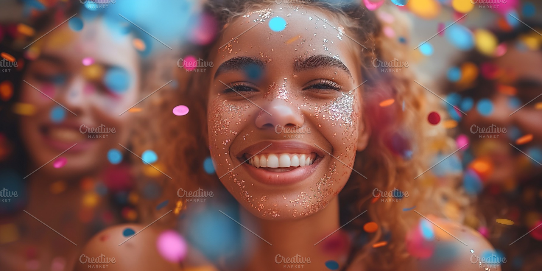 A joyful young woman with curly hair smiles brightly, surrounded by colorful co, a Business Photo by ImageMir