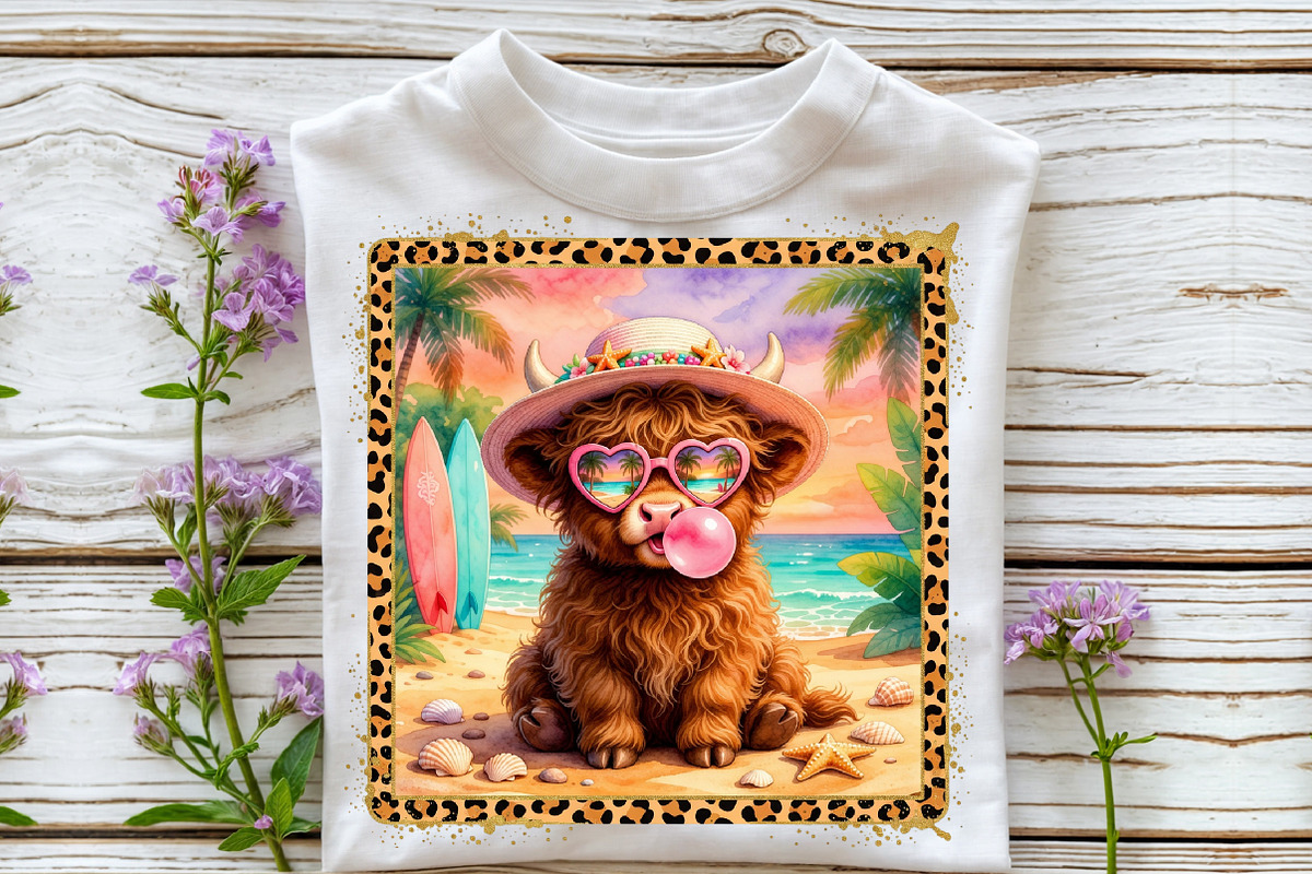 Cute Highland Cow Beach Summer PNG, a Work Illustration by Sublimation Artist (Photo 3 of 9)