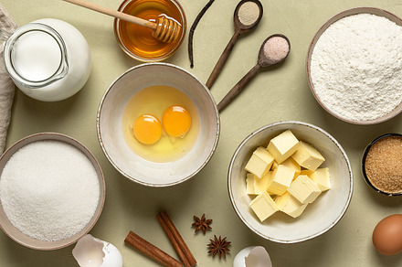 Baking background banner. Baking ingredients: flour, eggs, sugar, butter, milk, a Food & Drink Photo by Yulia71