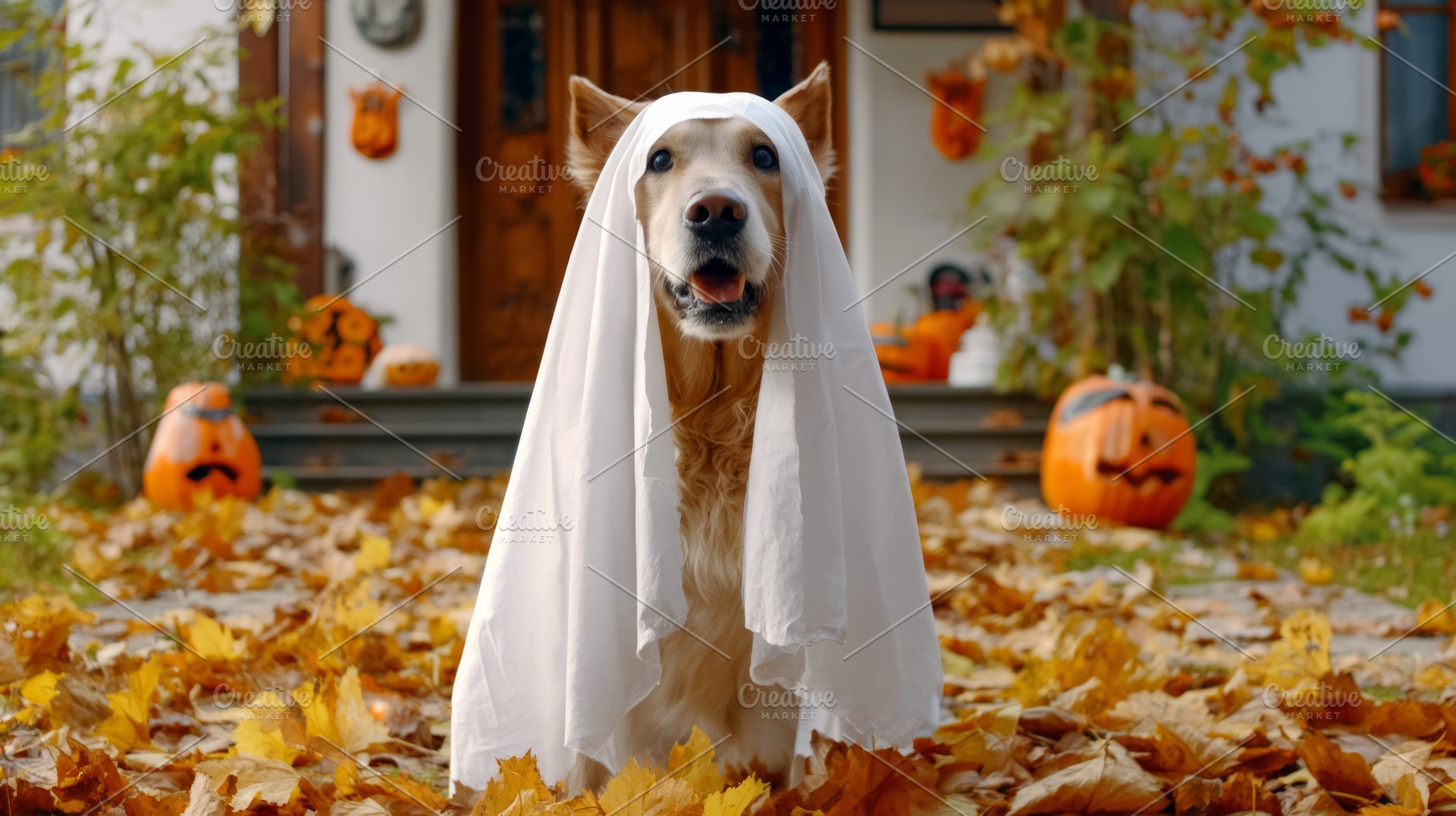 Golden retriever dog ghost costume, a Photo by LiliGraphie