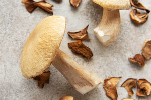 Fresh penny bun mushrooms lying on table with dried slices, a Food & Drink Photo by Olena Rudo