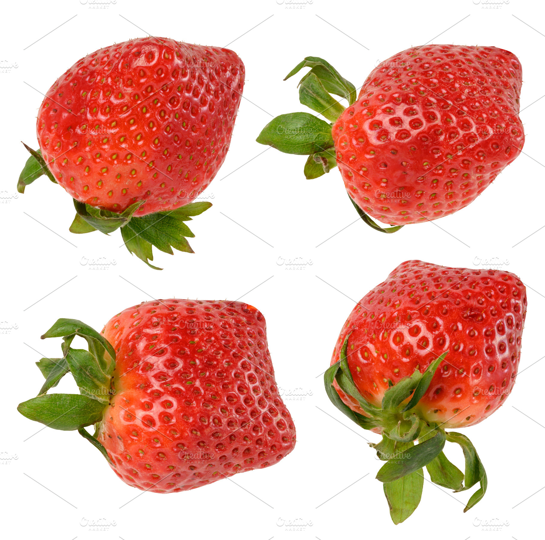 Large ripe strawberry berry with green sepals and leaves on an i, a Food & Drink Photo by ndanko
