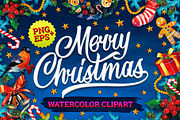 Merry Christmas Watercolor Clipart, an Illustration by BLAZTIGRA (Thumbnail 1 of 3)