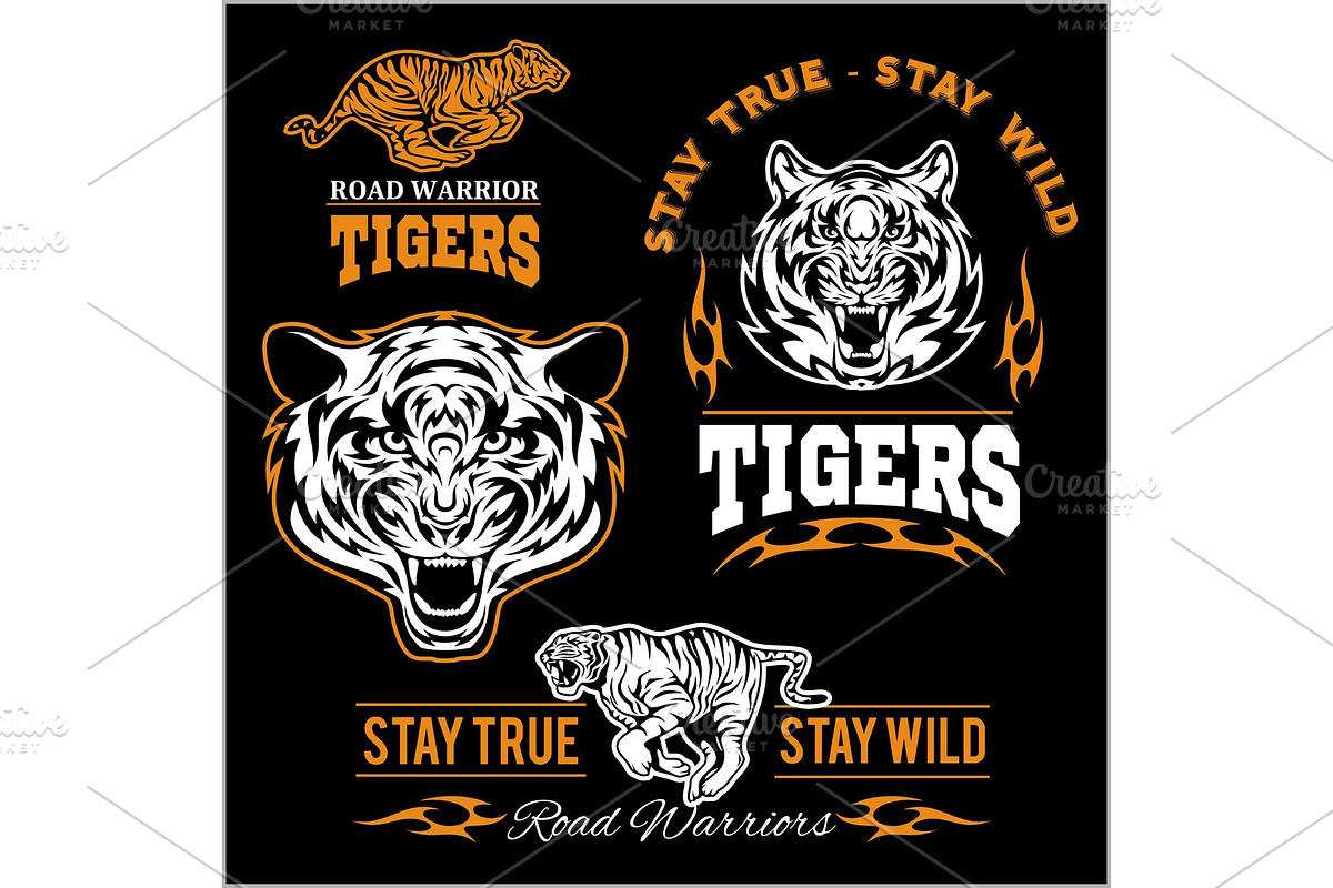 Vector set of illustrated tiger themed sport logo, patch, icon, or ...