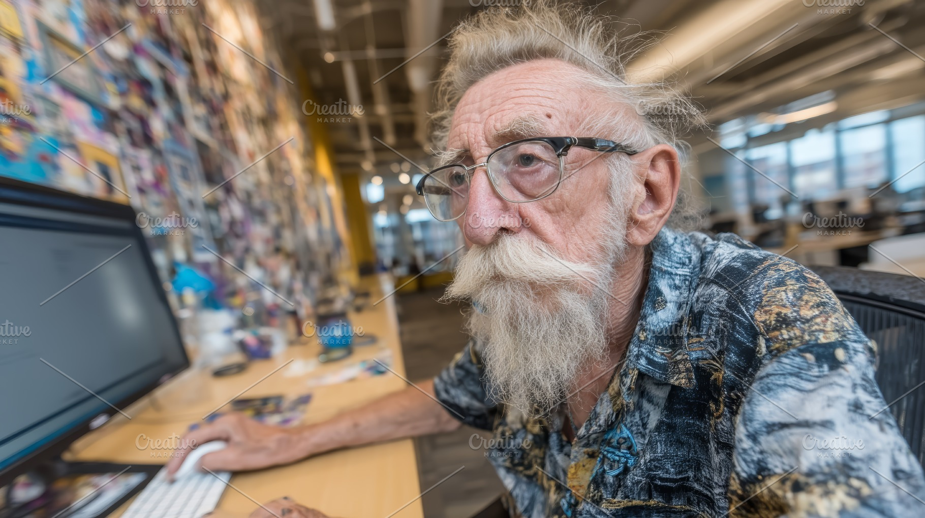 Senior man with white beard working on a computer in a bright modern office cre, a Photo by AS photostudio
