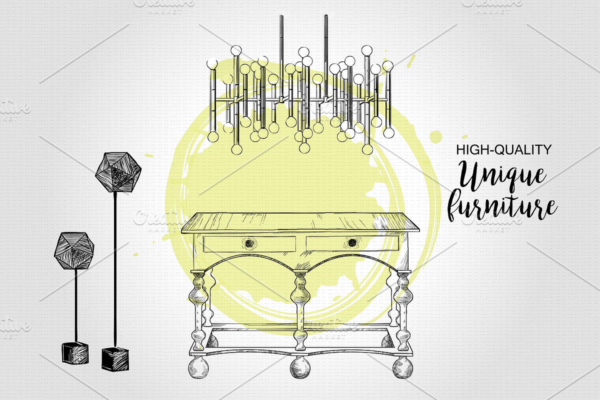 Furniture Hand drawn Vector set#4, a Decorative Illustration by Alltruecolours (Photo 4 of 4)
