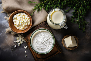 Fresh dairy products on grey background, a Food & Drink Photo by AlyaAnd