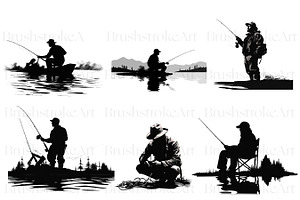 Fishing Silhouette Clipart, Line Art