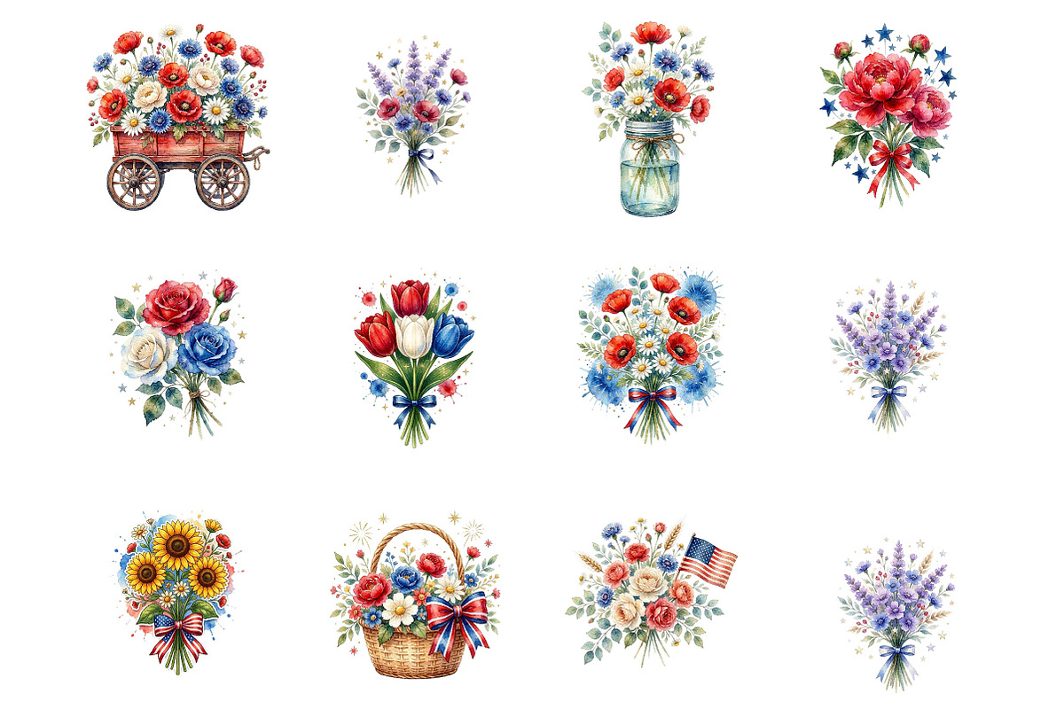 4th of July Flowers Clipart, a Seasonal Illustration by Designking (Photo 2 of 5)