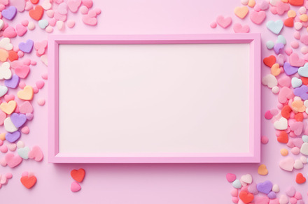 Valentine's Day composition. Photo frame and hearts on pastel pink background., a Holiday Photo by Natalia Klenova's Shop