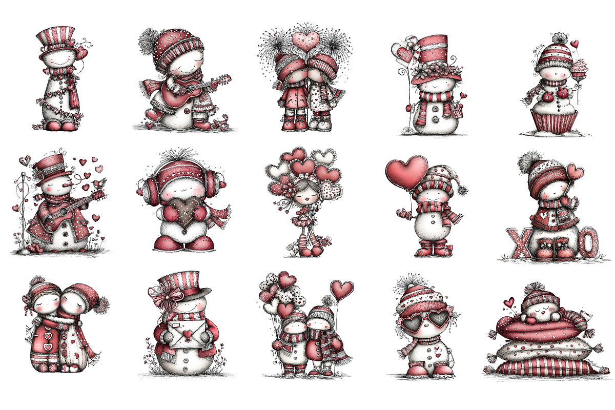 Whimsical Valentine Snowmen Clipart, an Illustration by DreamArtGraphic (Photo 4 of 4)