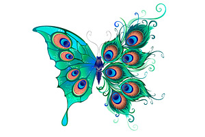 Butterfly With Green Peacock Feather