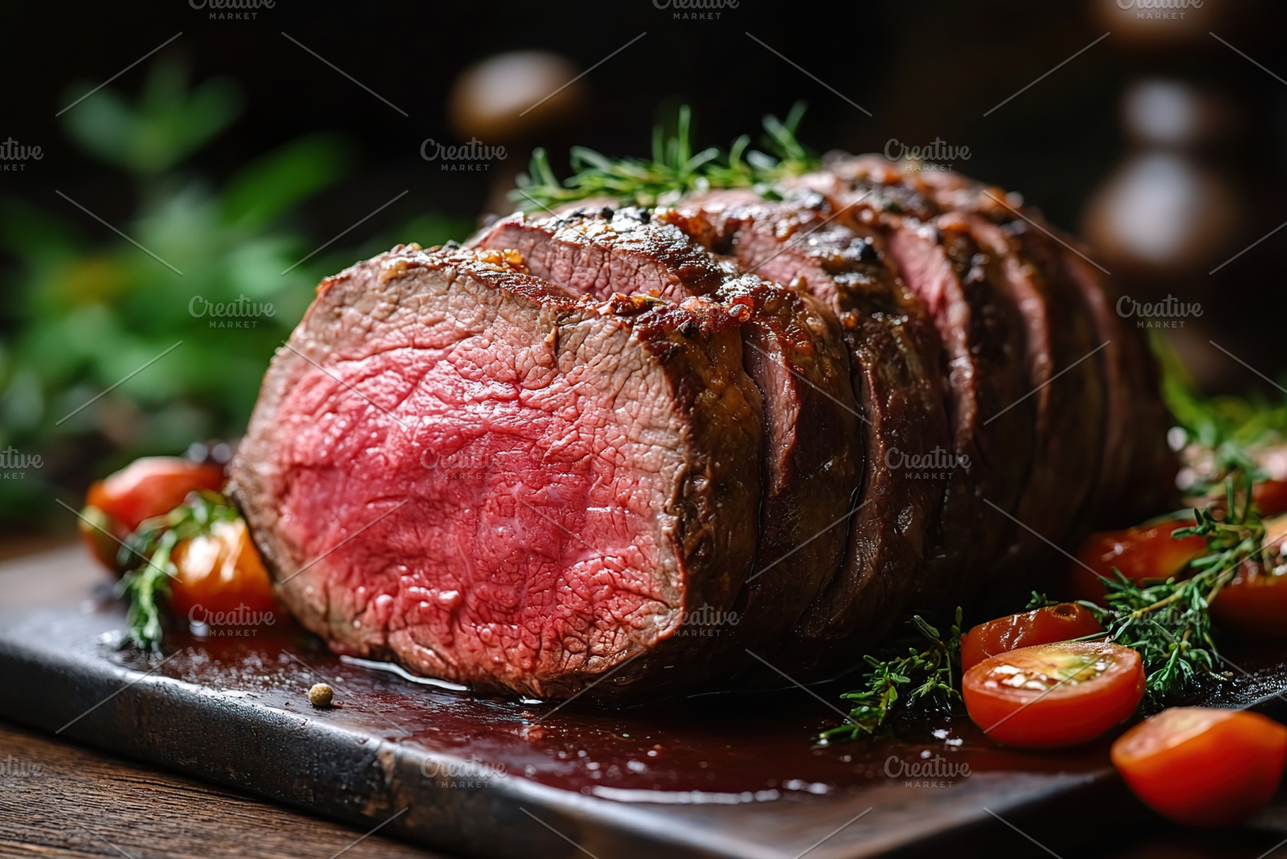 Deliciously cooked rich meat with fresh herbs and cherry tomatoes garnishing, a Food & Drink Photo by AlyaAnd