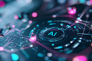Futuristic abstract design featuring bold AI concept with neon c, a Photo by Dvoevnore photos