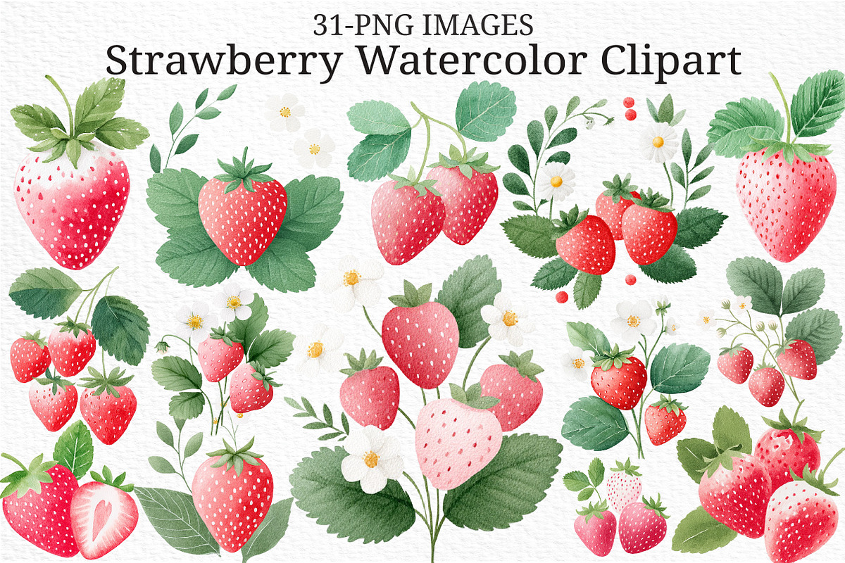 Strawberry Watercolor Clipart Set, an Illustration by Craft Nest (Photo 1 of 11)