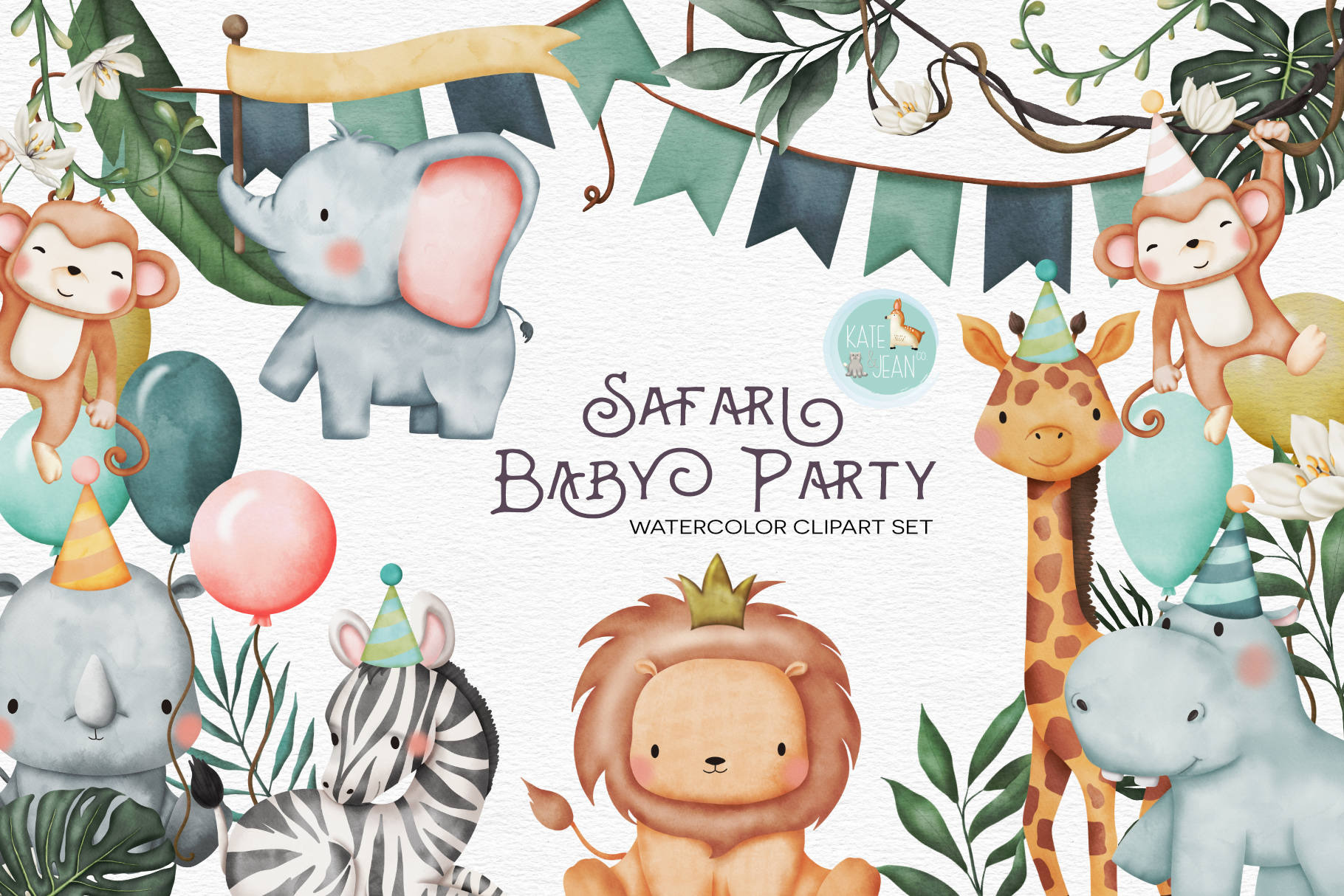 Watercolor Safari Baby Party Clipart, an Object Graphic by KateandJeanCo