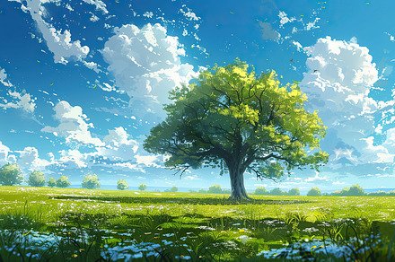 Lush green field under blue skies wi, a Photo by LOGOCREATIVE