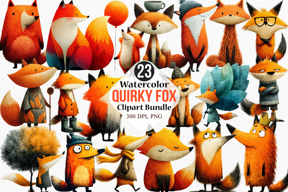 Watercolor Quirky Fox Clipart Bundle, an Illustration by Canvas Craft (Photo 1 of 8)