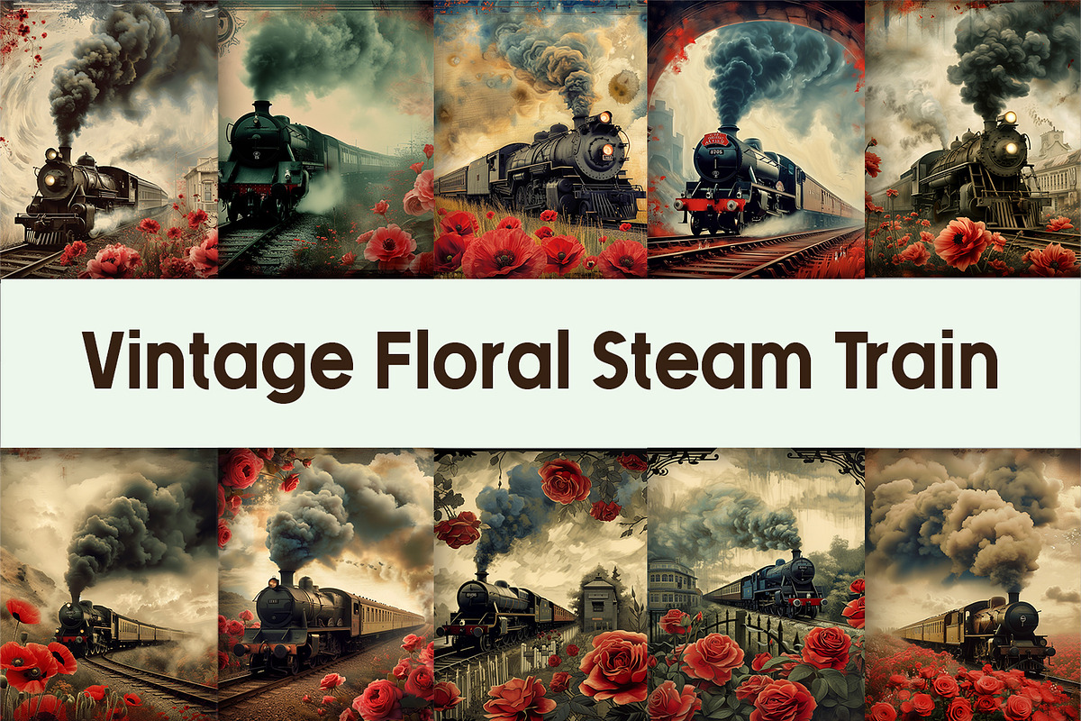Vintage Floral Steam Train, a Background Graphic by AdriOP