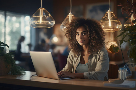 Young woman working on a laptop while sitting at a table, a Person Photo by Antonina Vlasova