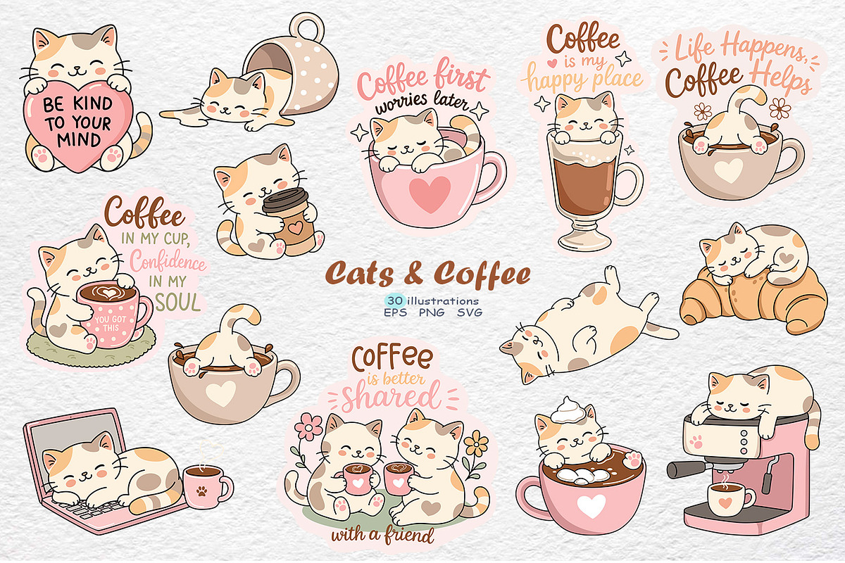 Cats & Coffee Stickers Clipart, a Food Illustration by Watercolor dreams (Photo 1 of 4)